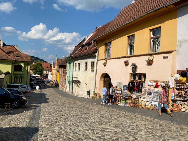 A street of painted houses inside the Sighișoara citadel