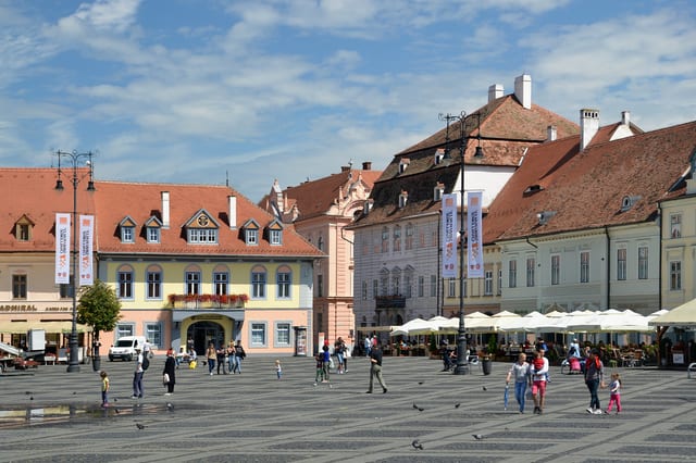 The Large Square in Sibiu, ringed by guild houses