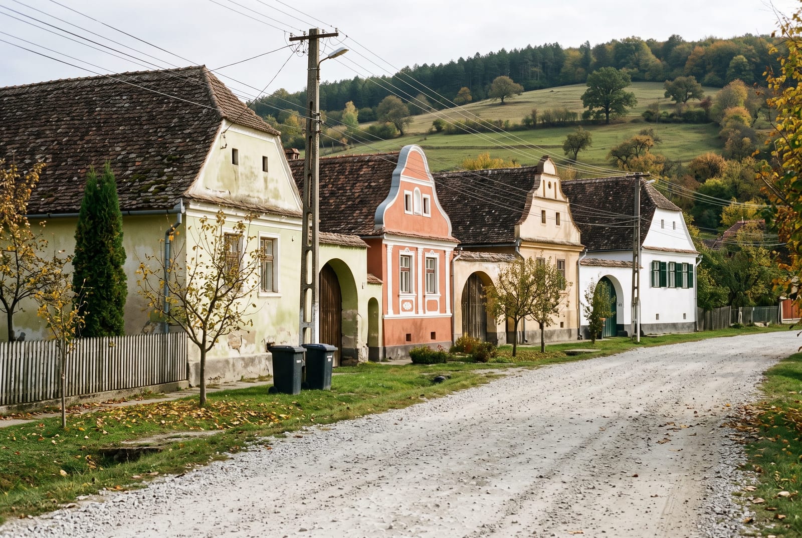 Gravel street in a Saxon village in autumn, a row of gabled farmhouses in yellow, orange and cream, wooded hills behind
