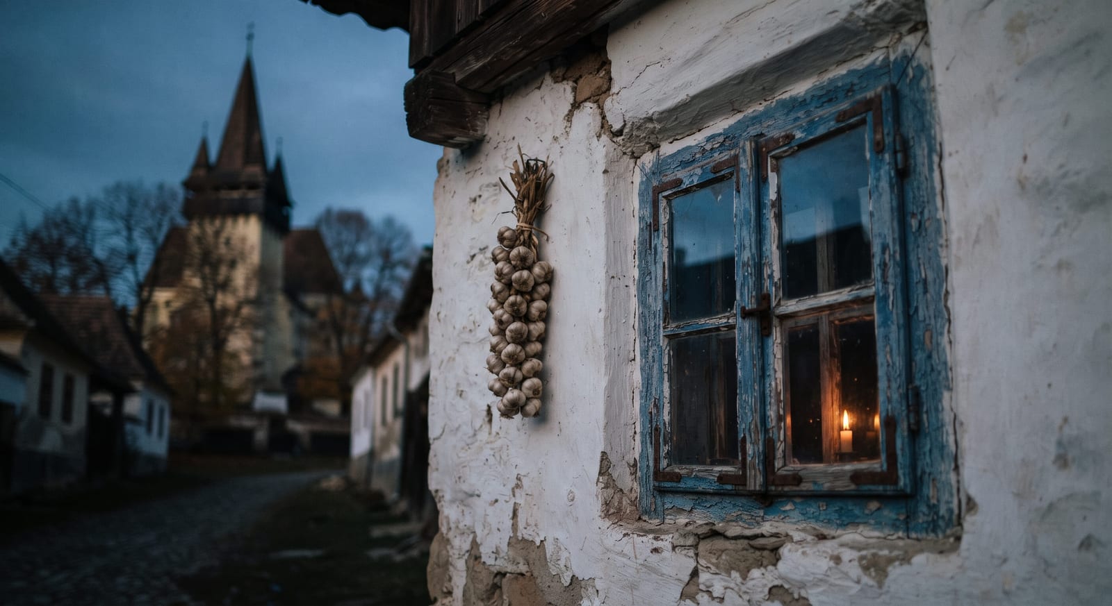 Ein Knoblauchzopf neben einem alten blauen Holzfenster in einem siebenbürgischen Dorf in der Abenddämmerung, dahinter ein Kirchturm